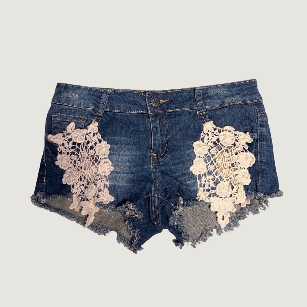 Y2K Hot Kiss Denim Shorts Blue Lace Crochet Distressed Cut Off Boho #16